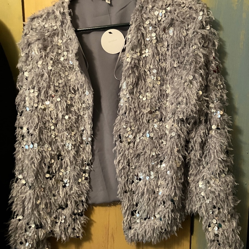 En Crème silver cropped sequin sweater.